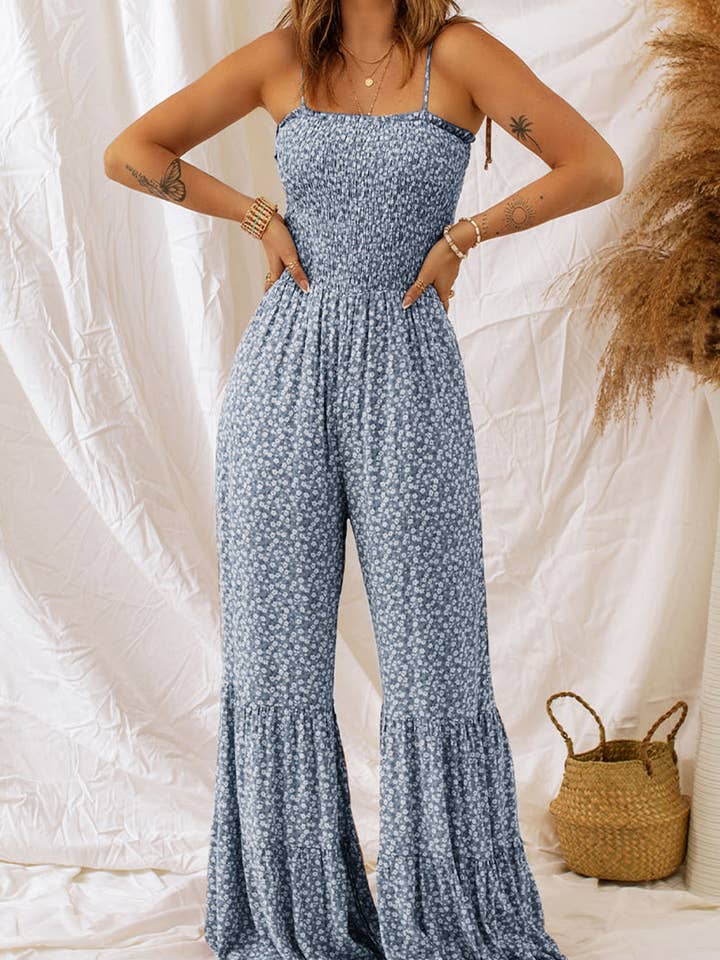 Lovesoft - Wholesale Jumpsuit - Dames - Jumpsuit met smalle bandjes en smockerlijfje en wijde pijpen en bloemenprint2