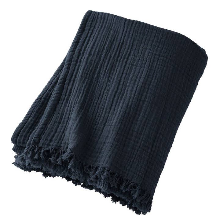 Plaid med frynser 130x160 cm Bomuldsgaze Midnat for engroshandel hos Housse De Rêve