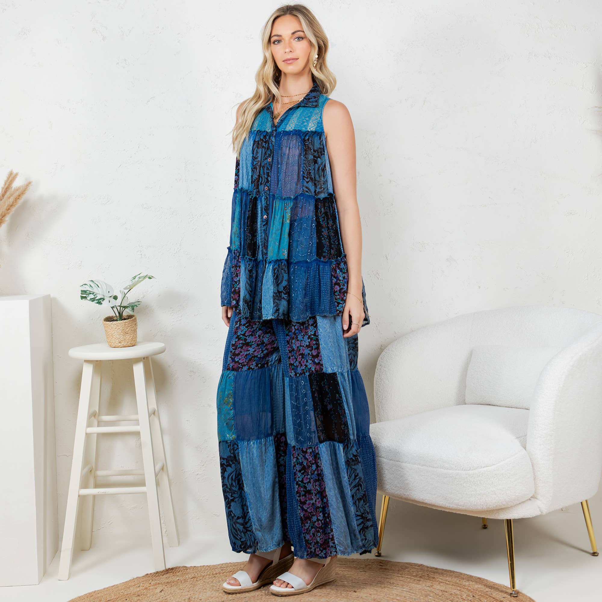 Young Threads - Wholesale Button Down Shirt - Women's - Boho Chic Nomad Patchwork Buttondown Top Sleevel (New Color)24