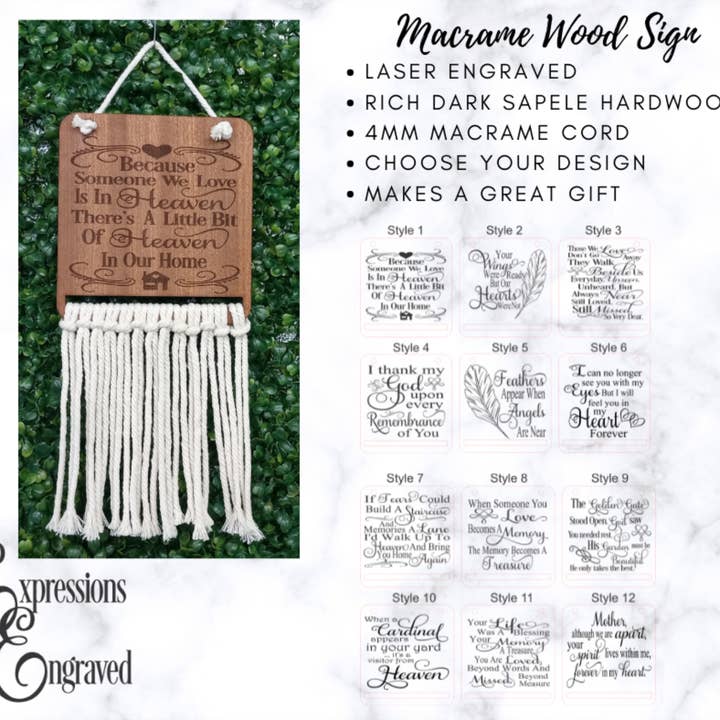 Sympathy Macrame Engraved Wood Sign Wall Hanging for wholesale by Expressions Engraved