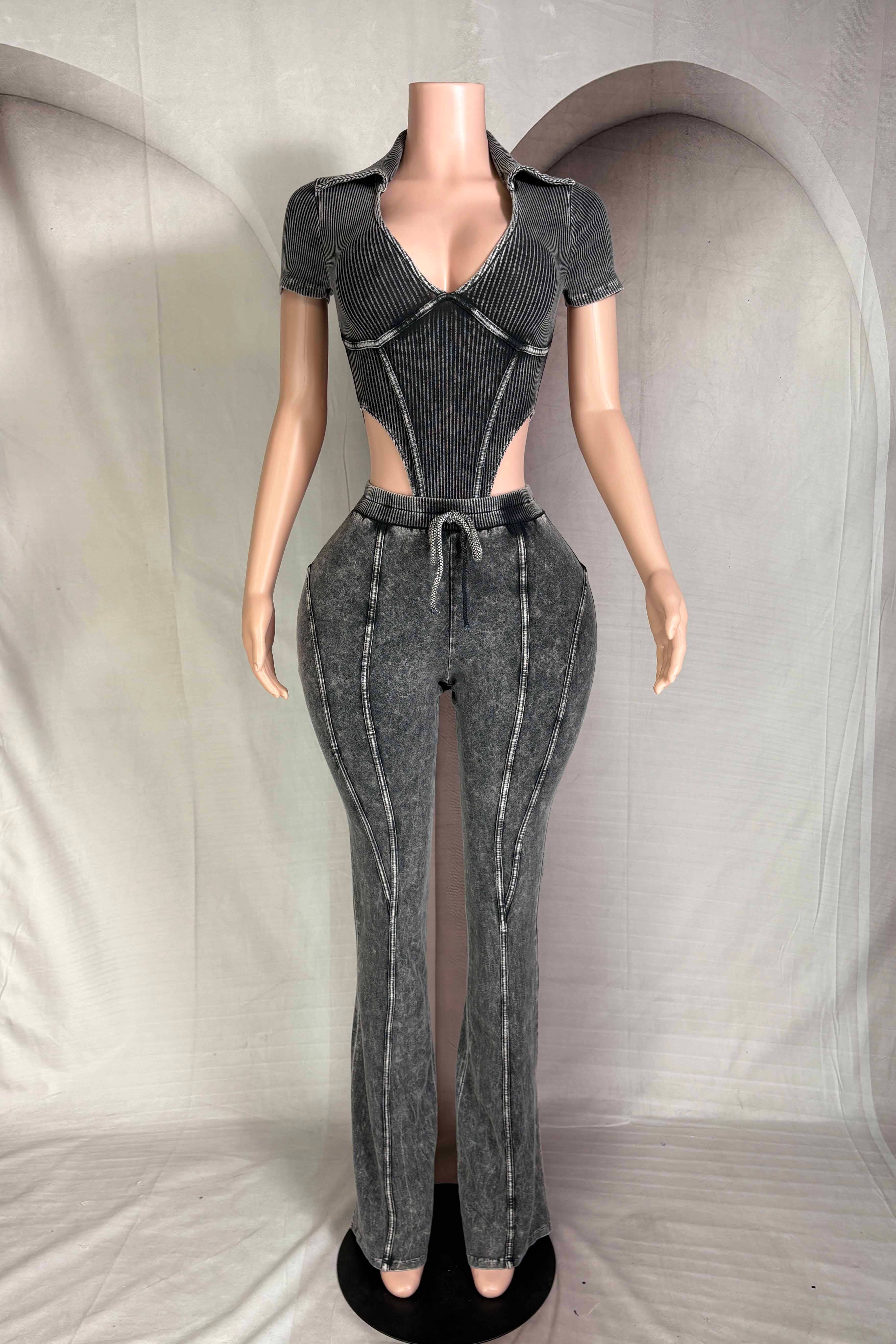 Dalia Studio - Wholesale Top & Pant Set (NOT Loungewear) - Women's - MINERAL WASH DEEP-V COLLARED BODYSUIT & PANT SET0