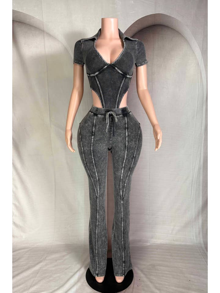 Dalia Studio - Wholesale Top & Pant Set (NOT Loungewear) - Women's - MINERAL WASH DEEP-V COLLARED BODYSUIT & PANT SET