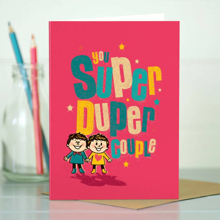 ST10 Engagement, wedding or anniversary card 'super boys' for wholesale by The Typecast Gallery