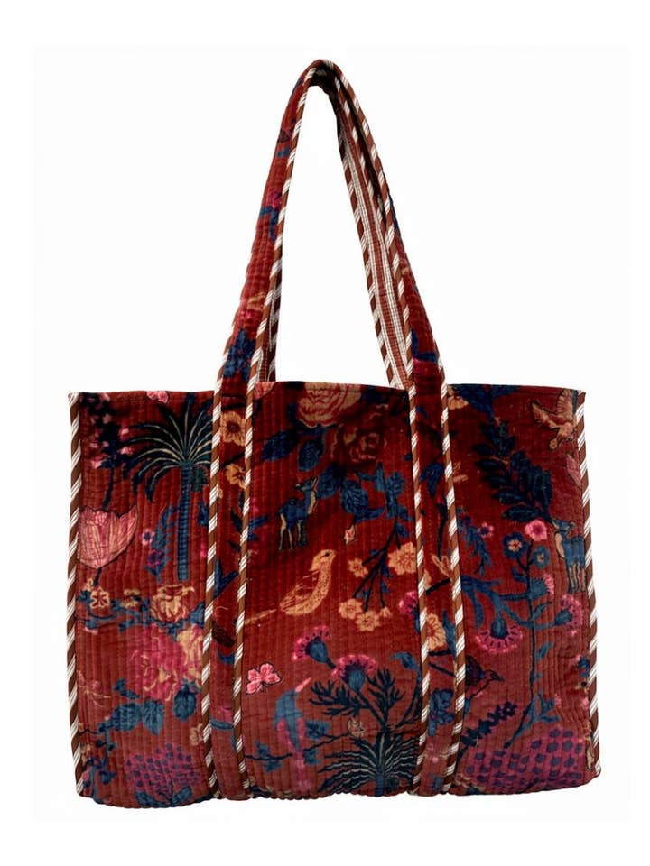 XL Velvet Tote in Palms & Roses, Red for wholesale by NIBI MTK