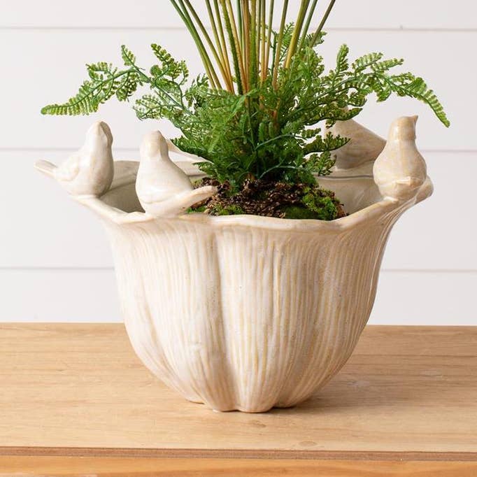 Bird Gathering Fluted Planter (PC) | Spring Decor for wholesale by Audrey's Home & Gift