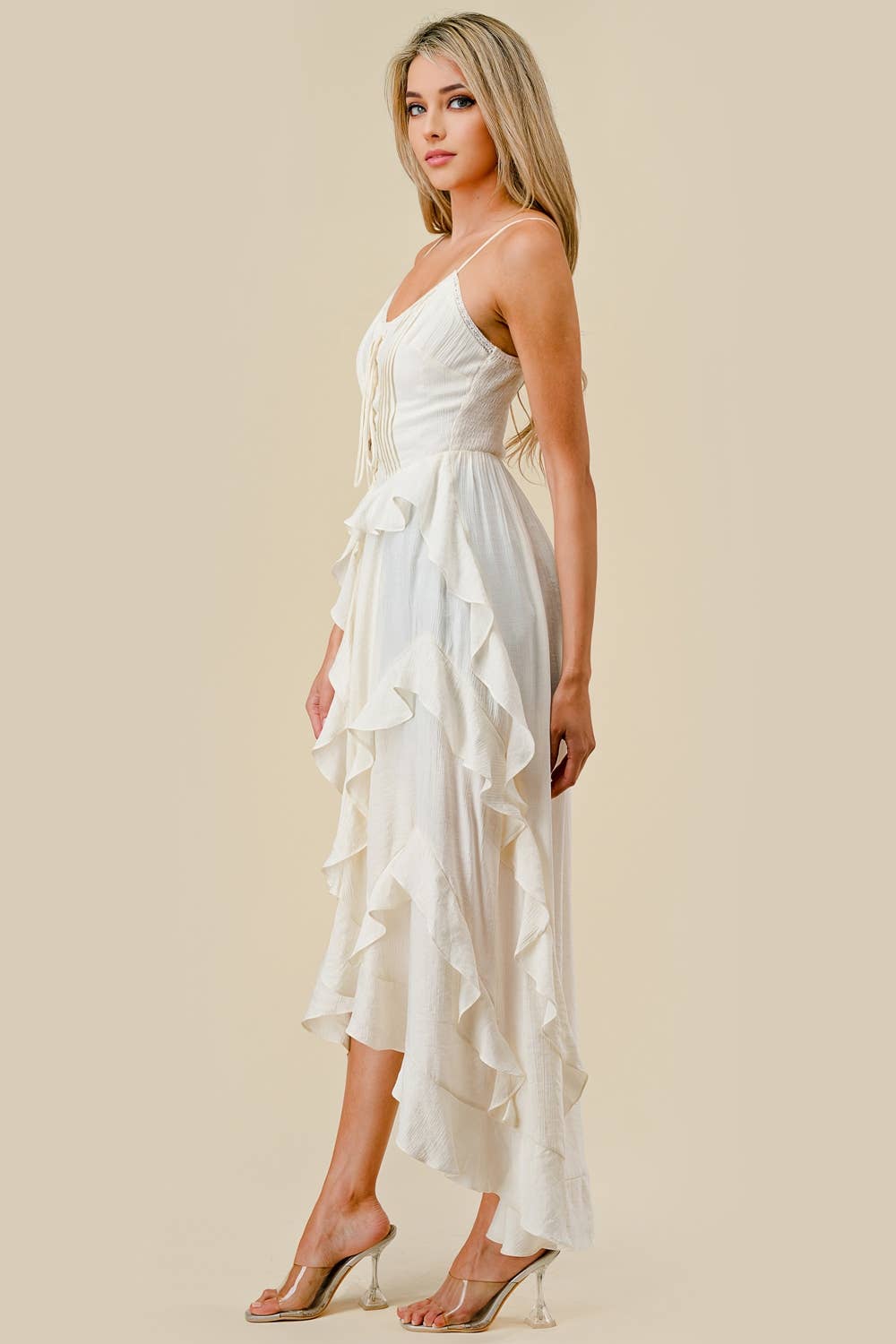 IVORY BT2850E / POLY CREPON HIGH LOW RUFFLED FULL LENGHT TUNIC TOP for wholesale on Faire2