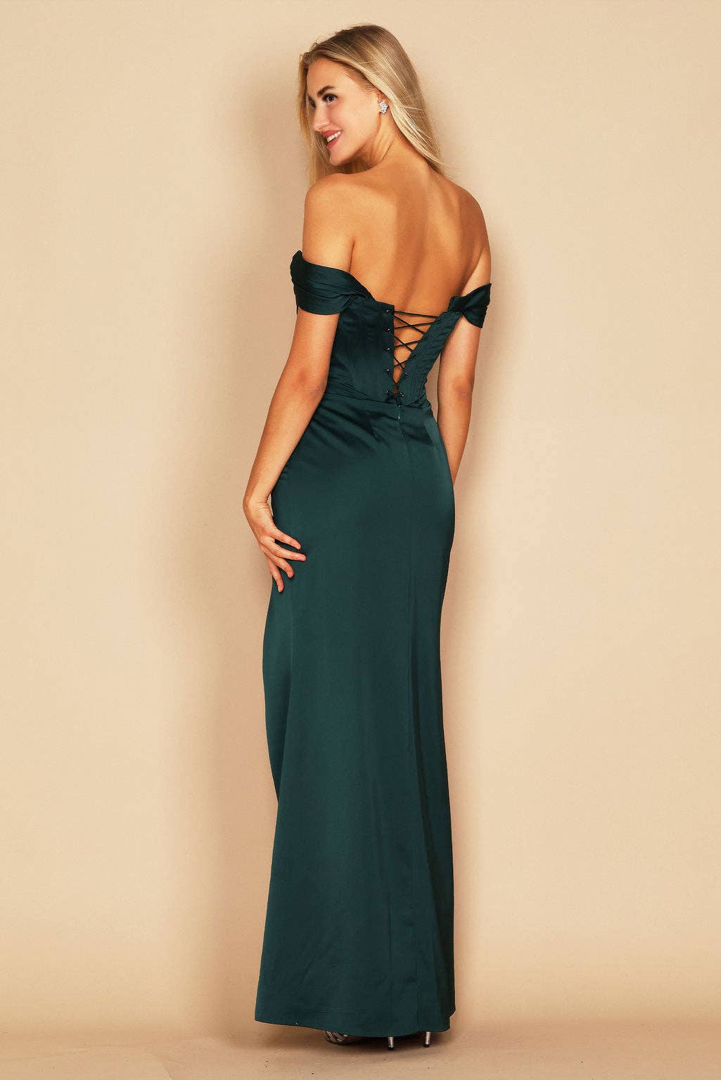 Kos Couture - Wholesale Gown - Women's - Corset Satin Prom Dress Off Shoulder, Slit and Strappy Back7