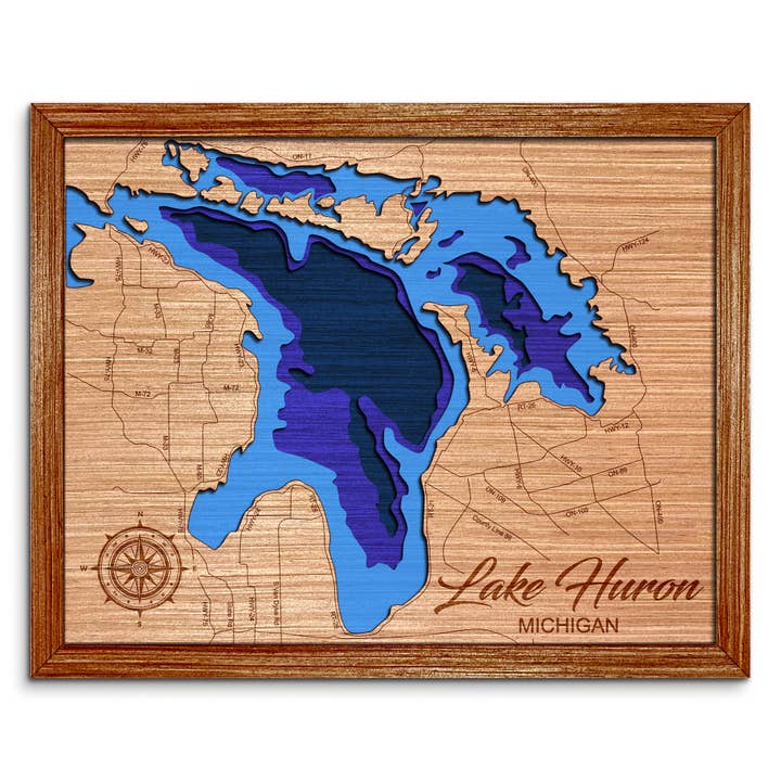 Carte de la profondeur du lac Huron, Michigan - Art mural unique pour la vente par Premier Gifts and More