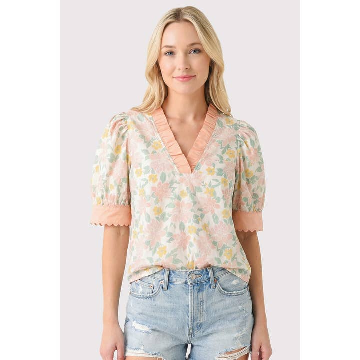FRILLED V NECK FLORAL PRINTED TOP for wholesale by STACCATO