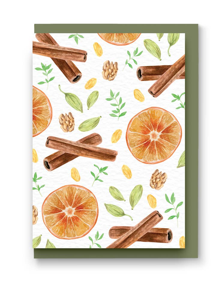 Orangenscheibe und Zimt Weihnachtskarte für den Großhandel von Kate Hall Design