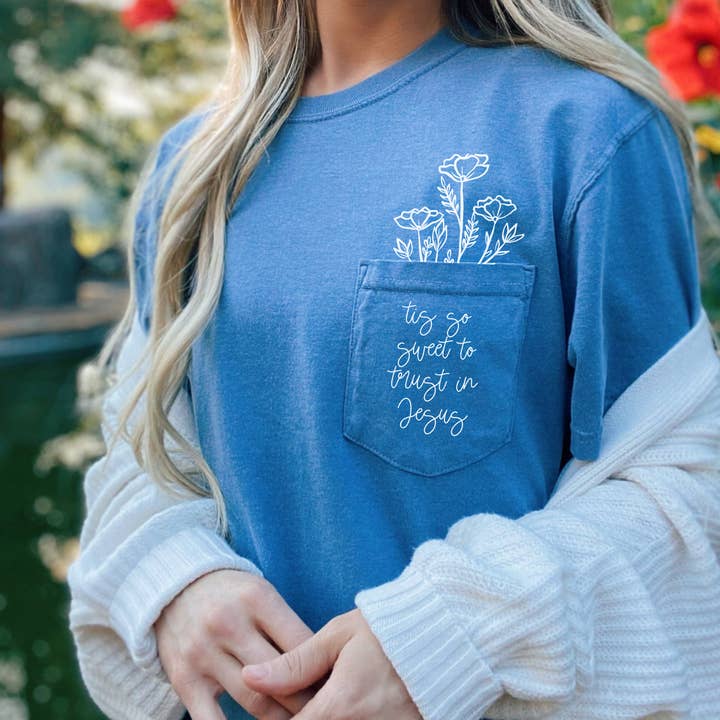 Tis So Sweet to Trust in Jesus Pocket Tee Multiple Colors for wholesale by Faith & Life Christian Brands