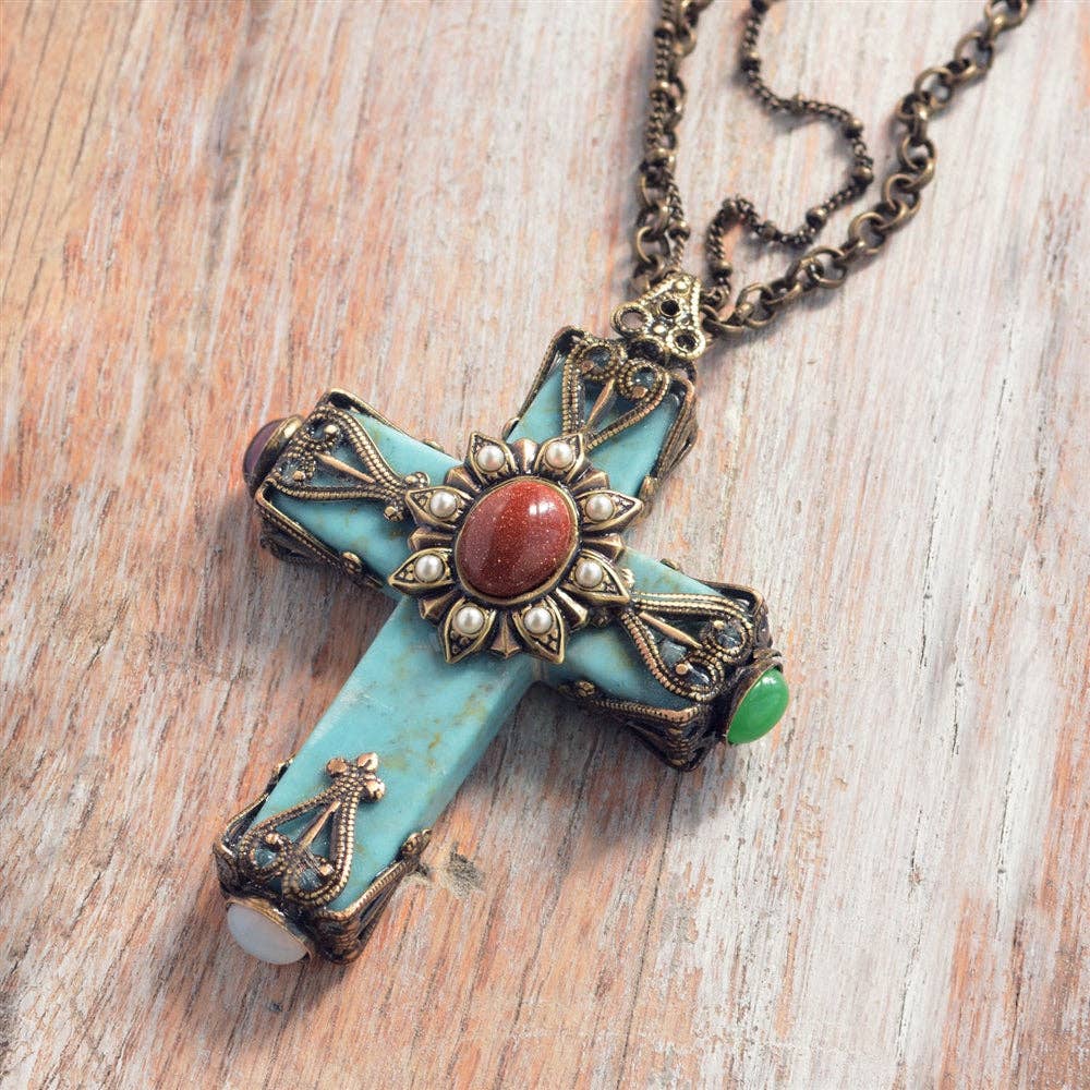 Sweet Romance Jewelry - Wholesale Pendant/Charm Necklace - Cathedral Turquoise Cross Necklace OL_N1903