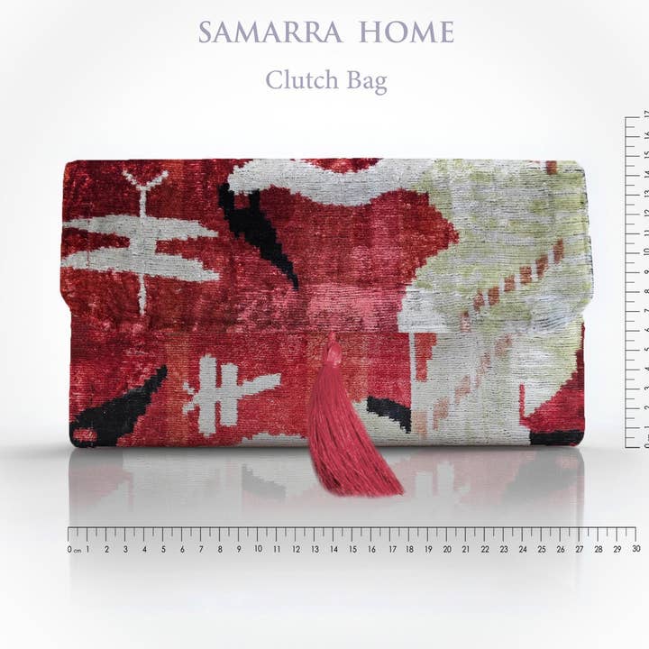 Pochette in Velluto Ikat con Motivo Gru Tessuto a Mano e Nappa per la vendita all'ingrosso da parte di Samarra Home