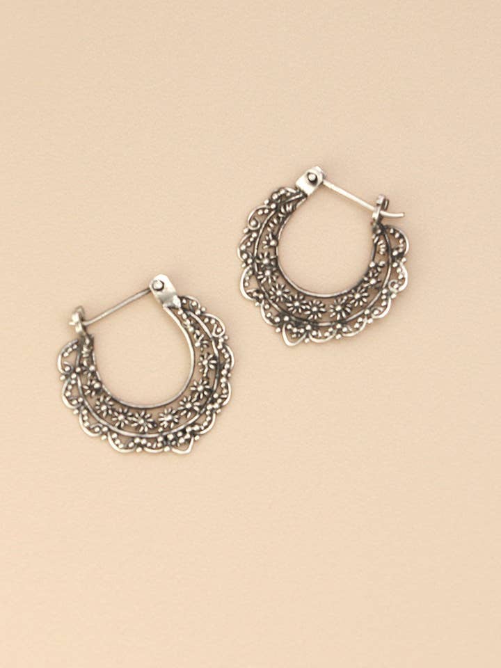 Sterling Silver Small Fan-Shaped Filigree Hoop Earrings with Floral Details for wholesale by Culture Spot