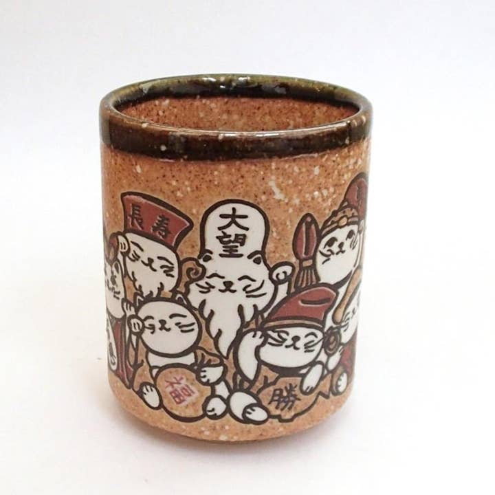 「FUNJI」In Japan - Wholesale Coffee Mug - Lucky Cat Tea Cups: Japanese Mino Ware Yunomi Pottery Set1