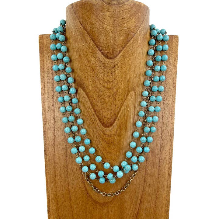 NKS230603-04 „23 Zoll 3 Schichten 8 mm blaue türkisfarbene Steinperlen mit messingfarbener Metallkette“ für den Großhandel von Western Elite Jewelry