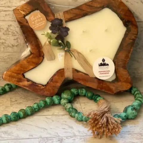 Houston Candle Company - Wholesale Jar/Filled Candle - Wood Texas Shape Dough Bowl Candle Cactus Flower