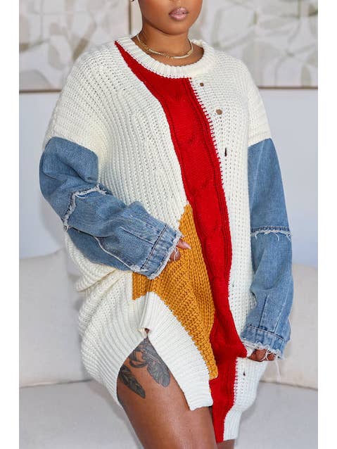 5besties inc - Wholesale Dress - Women's - COLOR BLOCK SWEATER PULLOVER DRESS