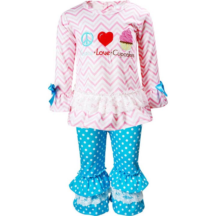Baby Toddler Little Girls Valentines Peace Love Cupcake Ruffle Top Pants Set Pink Chevron for wholesale by Angeline Kids