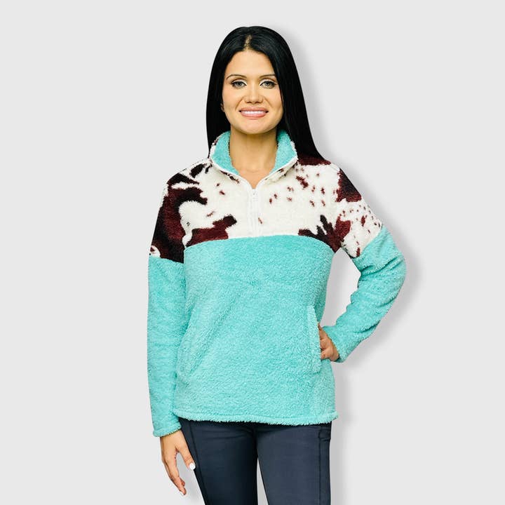 Sherpa Turquoise Brown Cow Pullover Women for wholesale by ILTEX Apparel