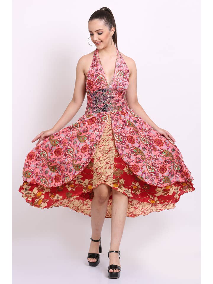 Wevez – wholesale Klänning - Dam – Kvinnors Blommig Ärmlös V-ringning Rufsar Flowy Maxi Klänning