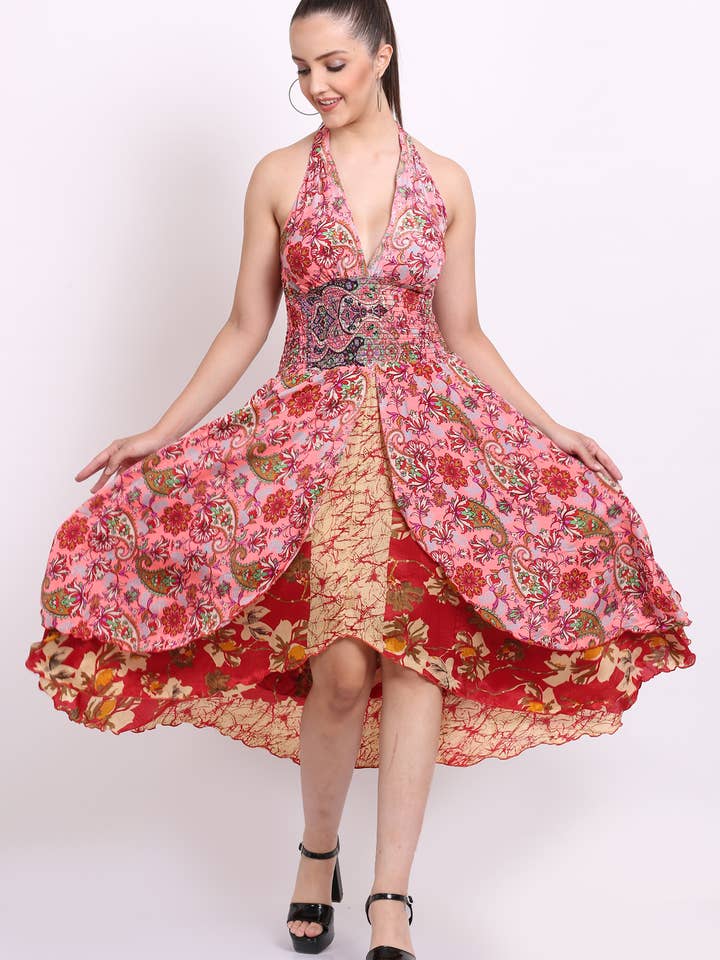 Vestido largo holgado floral sin mangas con cuello en V y volantes para mujer para venta al por mayor de Wevez