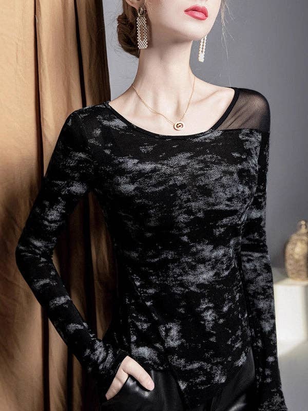 BLACK Irregularity Long Sleeves Asymmetric Graffiti Printed Mesh Split-Joint Round-Neck T-Shirts Tops for wholesale on Faire