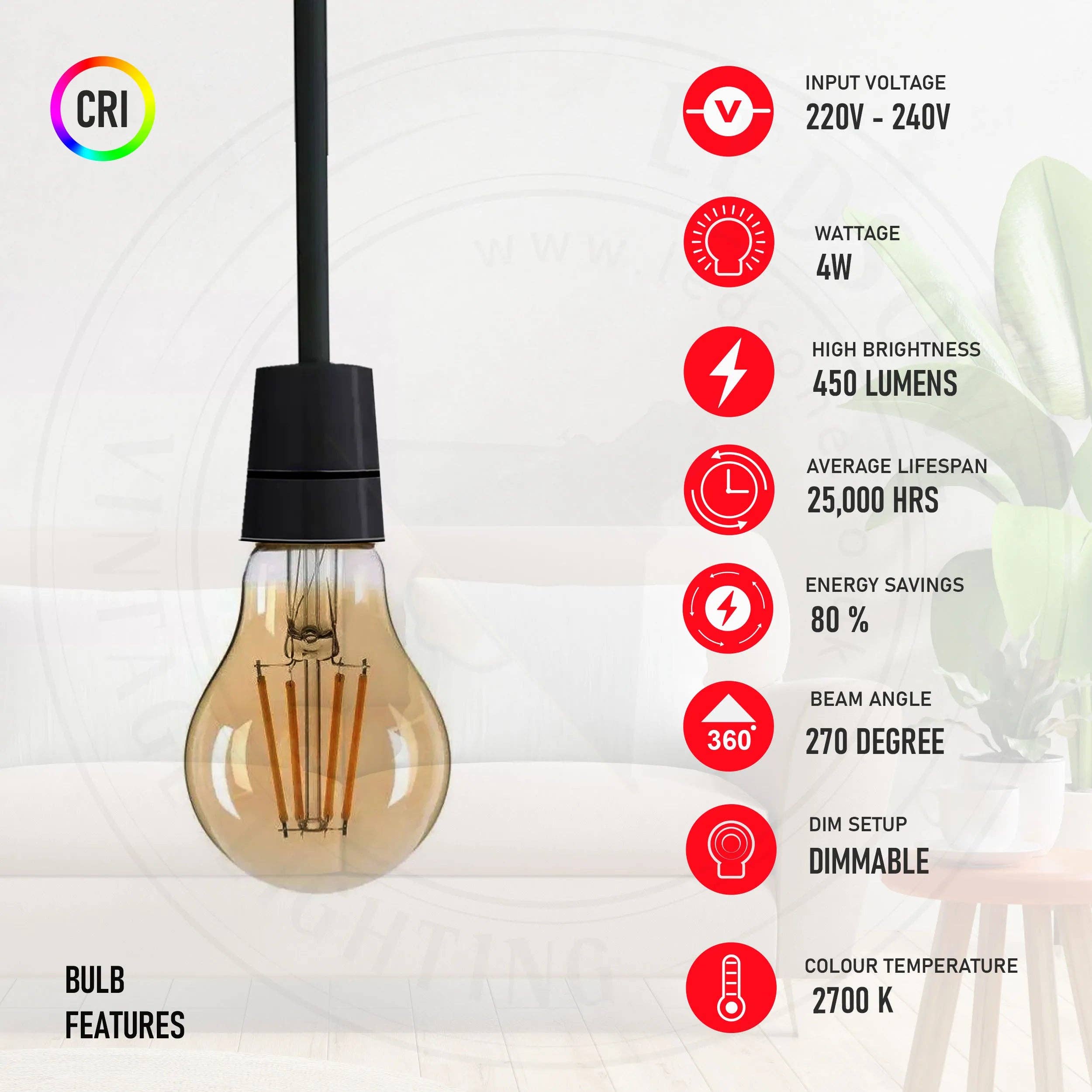 Ledsone – wholesale Light bulb/puck – Vintage LED A60 4W Light Bulb  E27 LED Filament style Amber Bulb~44188