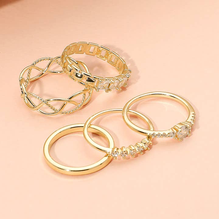 5PCS - Stone Paved Dainty Stackable Ring Set for wholesale by Sensibling Corp.