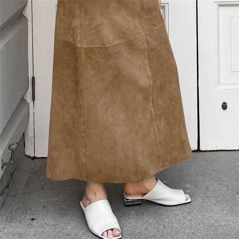 KHAKI Solid High Waist Straight Suede Midi Skirt for wholesale on Faire3
