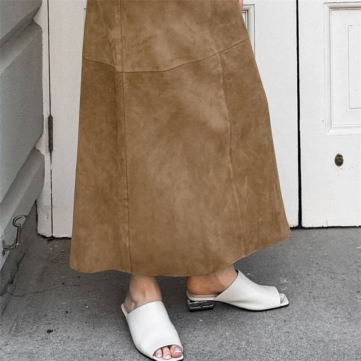 KHAKI Solid High Waist Straight Suede Midi Skirt for wholesale on Faire3