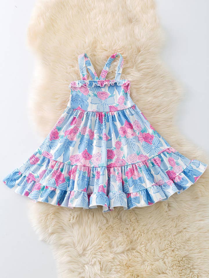 Robe évasée à volants imprimée de fleurs et nœud coquet. DRG51352 AMY pour la vente par Kids Charm Online