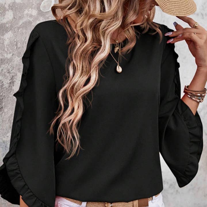 Ruffle Trimmed 3/4 Sleeve Round Neck Blouse and other Purchase Wholesale designer blouses. Free Returns & Net 60 Terms on Faire trending on Faire.