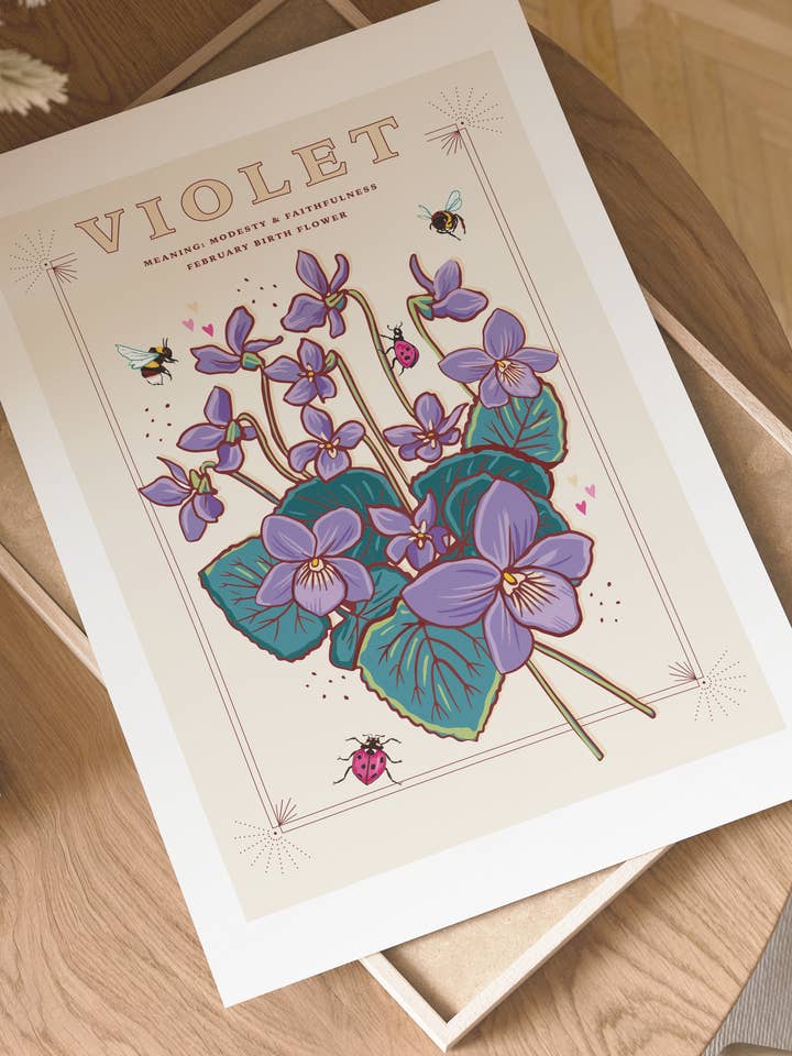 Violet February Birth Flower Wall Art Print A4 Unframed for wholesale by Angie Spurgeon Illustration and Design