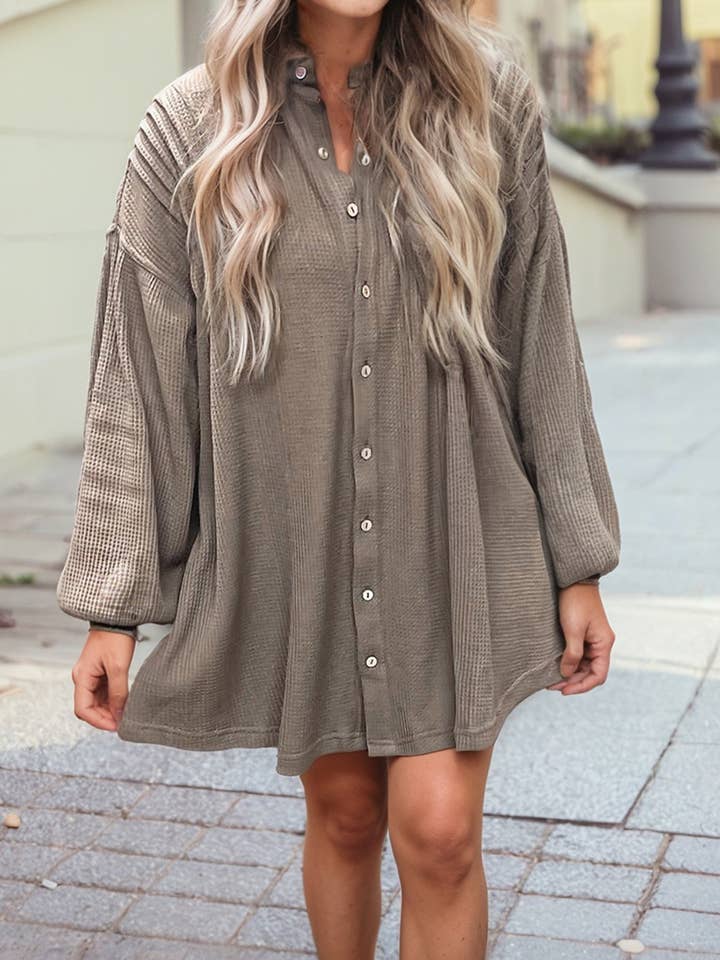 Simply Taupe Button Down Long Sleeve Mini Dress for wholesale on Faire
