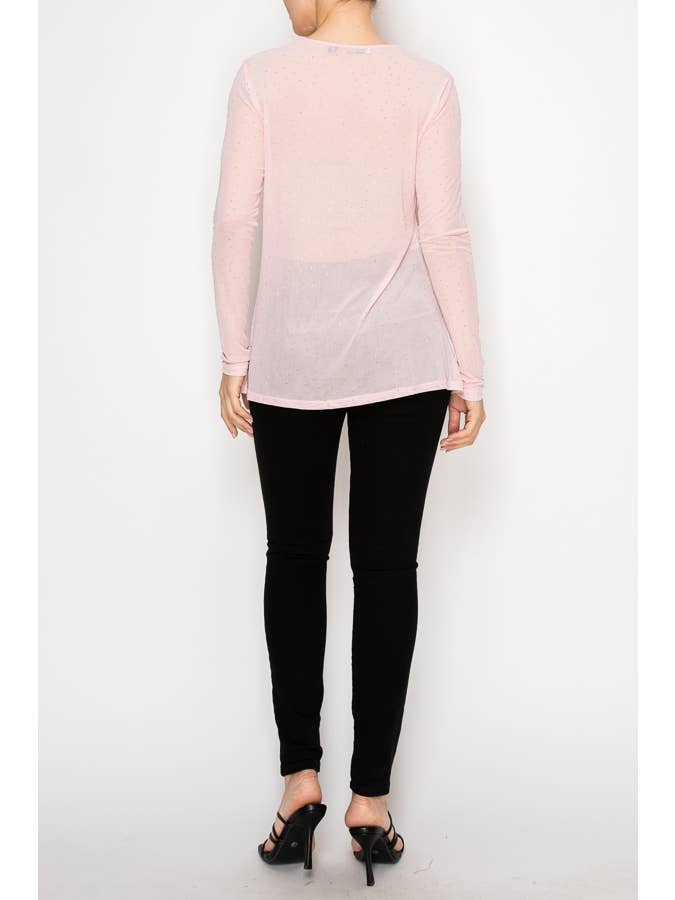 Pink LONG SLEEVED MESH TOP WITH SPARKLY DETAILS -4847PINK for wholesale on Faire