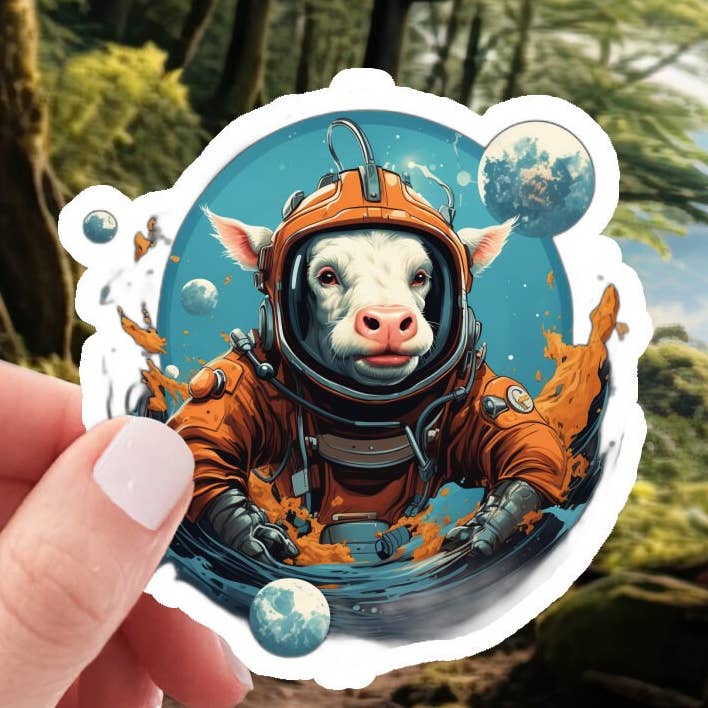 Space Farm, Astronaut Cow - 2 Inch Waterproof Vinyl Sticker for wholesale by Smartstead Homestead