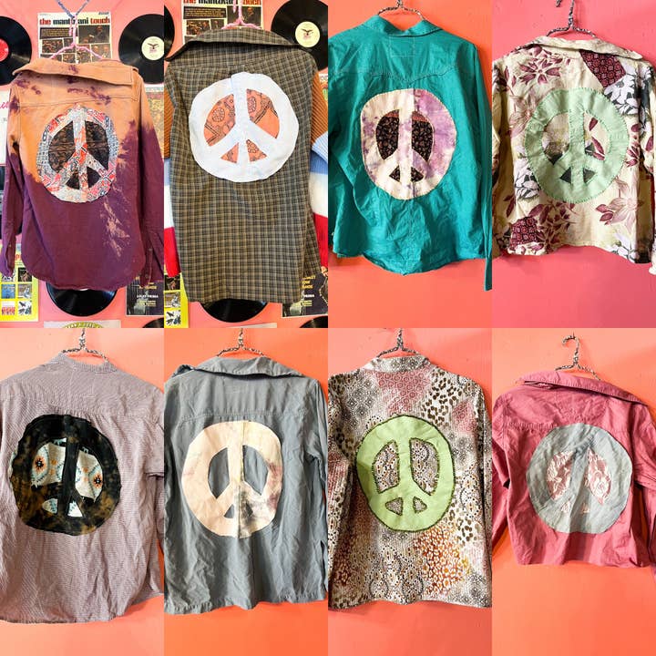 Peace sign Upcycled button up top for wholesale by TimberJune