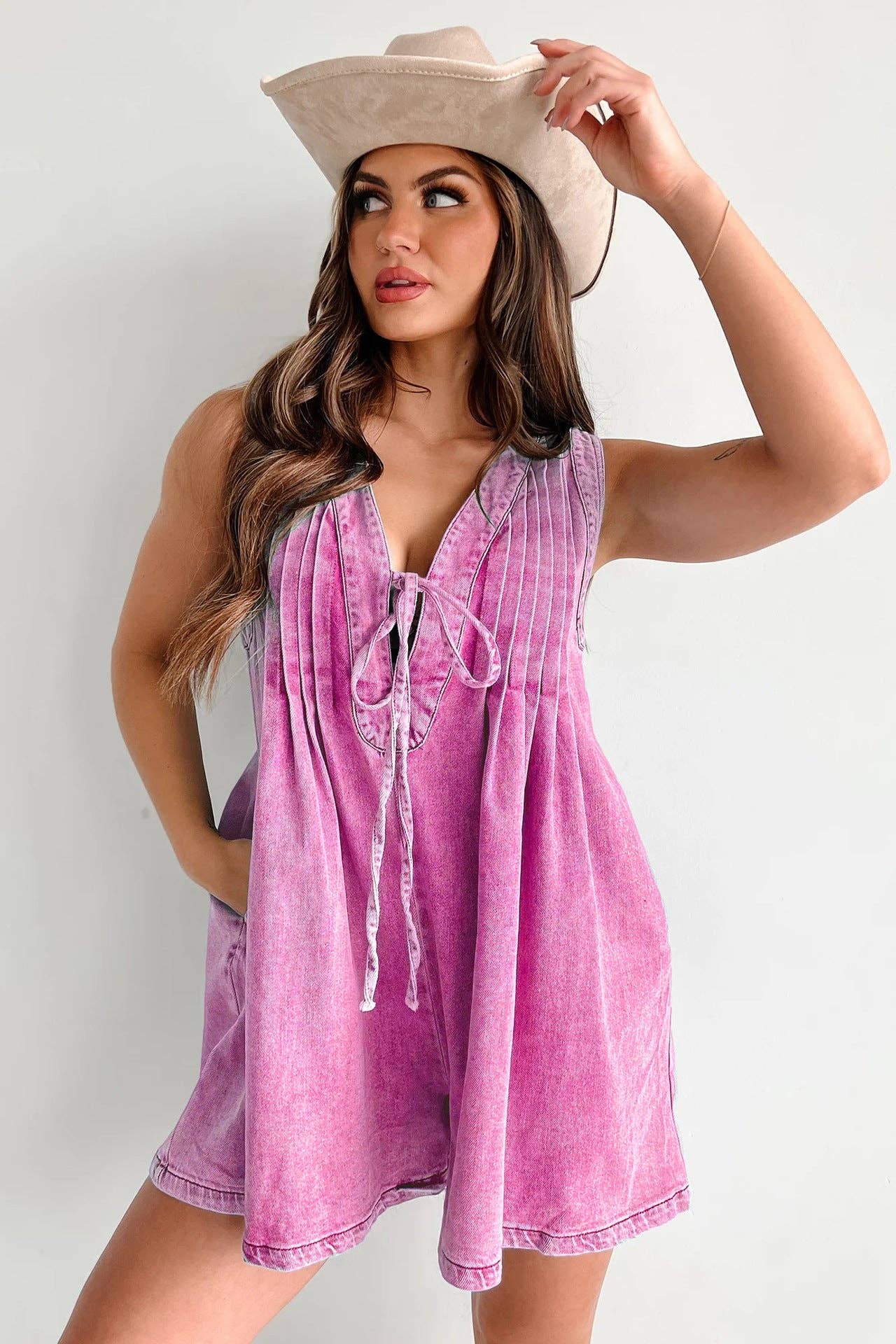 Sweetkama - Wholesale Romper - Women's - Ladies Tie Front V-Neck Sleeveless Denim Romper 90259