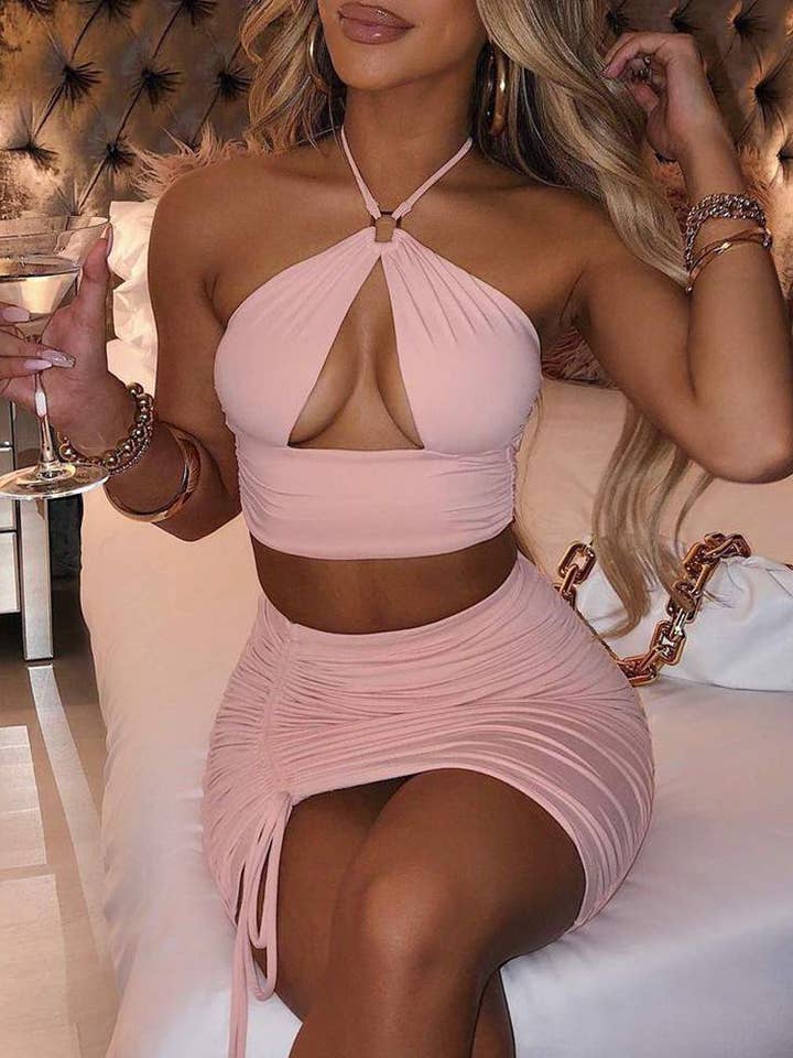 halter ruched cutout crop top drawstring skirt set for wholesale by Flarix