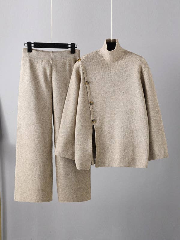 ShieldChic - Vendita all'ingrosso Completo top e pantaloni (NON loungewear) - Donna - Set Due Pezzi: Maglione a Collo Alto con Spacco Anteriore e Bottoni Sciolti in Colore Solido & Pantaloni a Gamba Larga Urbani0