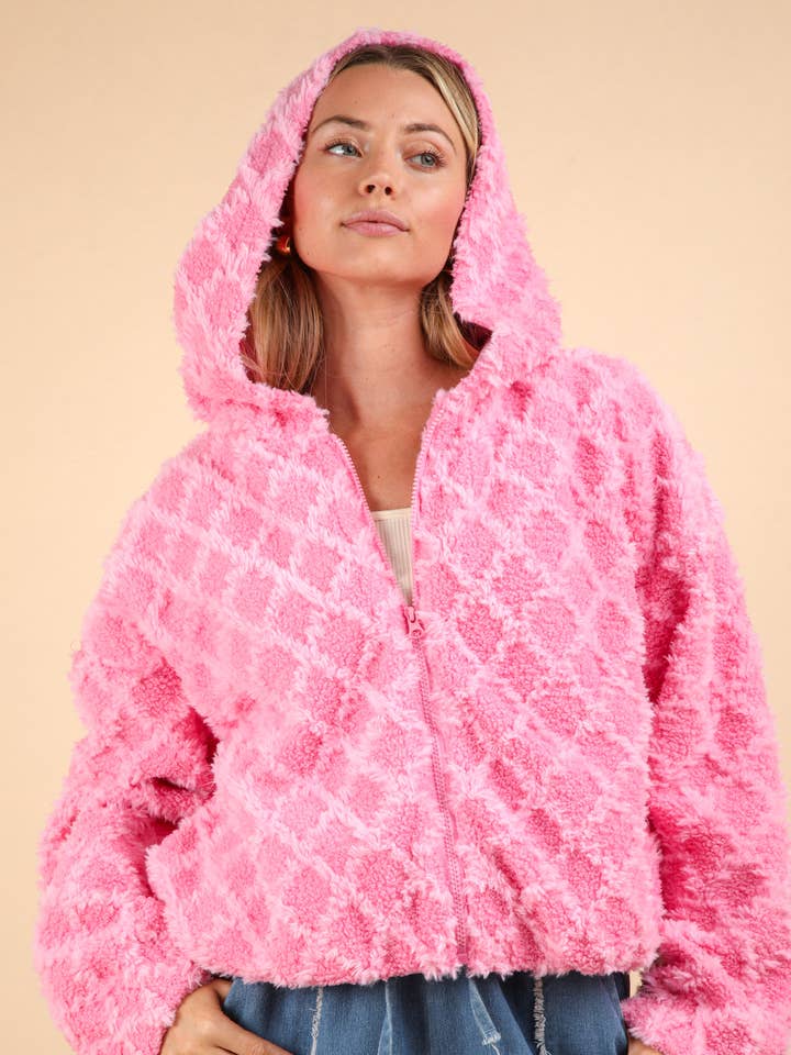 VERY J - Wholesale Jacket - Women's - NJ90342-Oversized Fuzzy Fur Textured Knit Hoodie Jacket