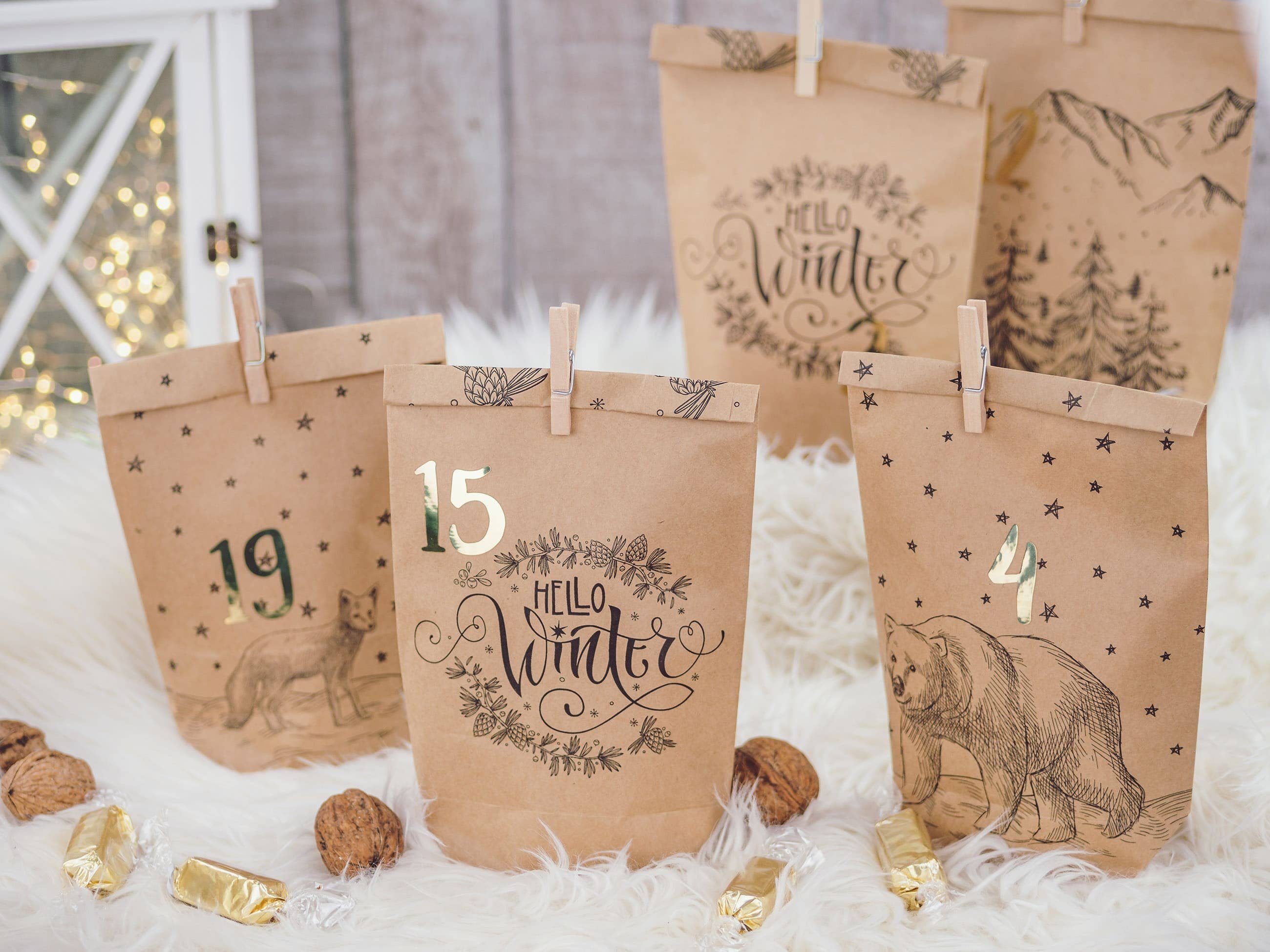 Papierdrachen – Großhandel Adventskalender – Adv Bedruckte Tüten - Packpapier schwarz - Set 23