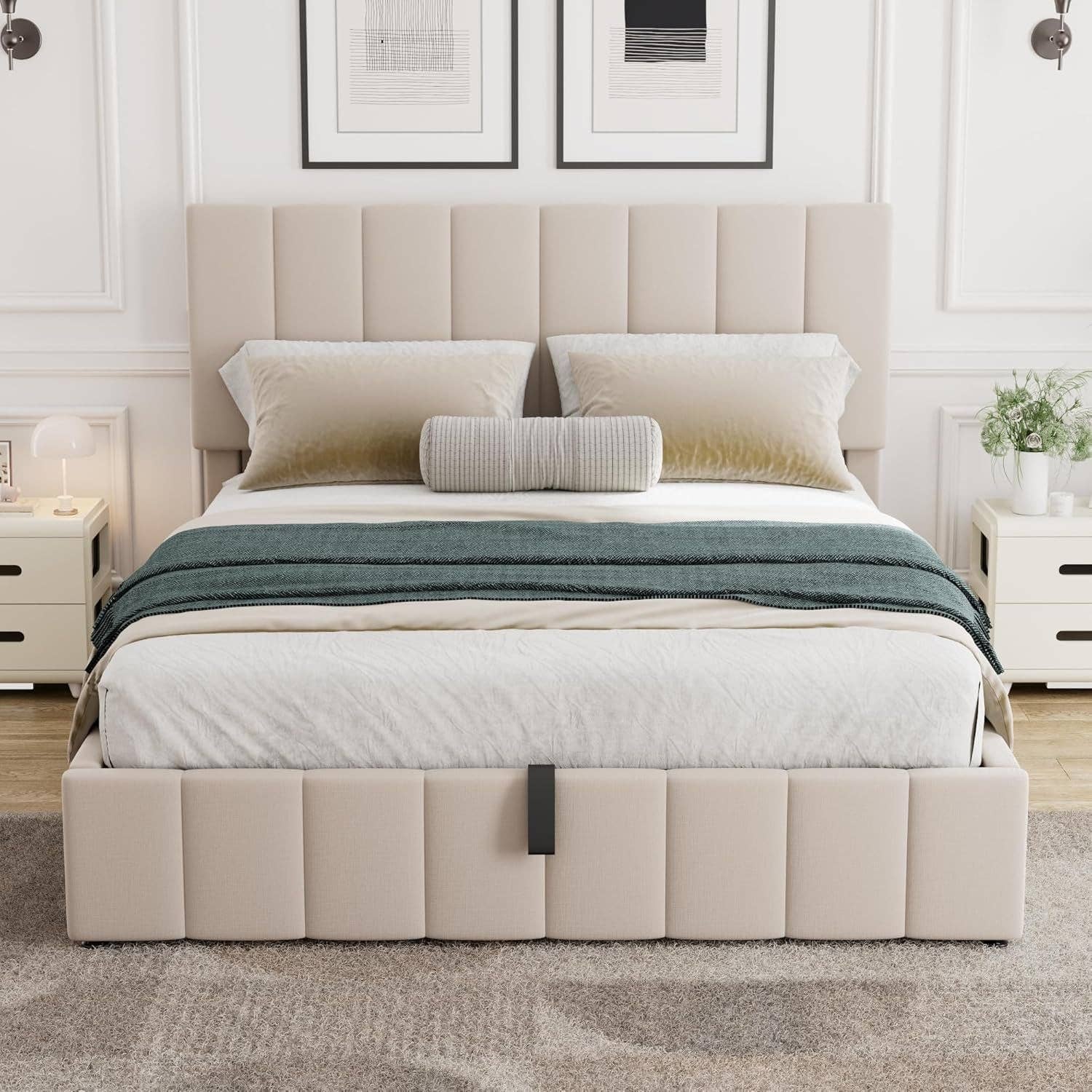 Queen Size Beige Gas Lift Platform Bed With Storage for wholesale on Faire2