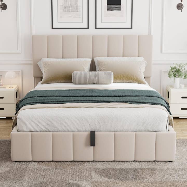 Queen Size Beige Gas Lift Platform Bed With Storage for wholesale on Faire2