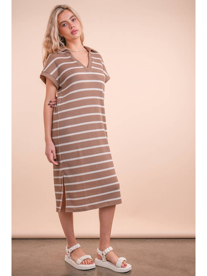 VERY J - Wholesale Dress - Women's - ND31647-Oversized Collared Striped Knit Midi Dress