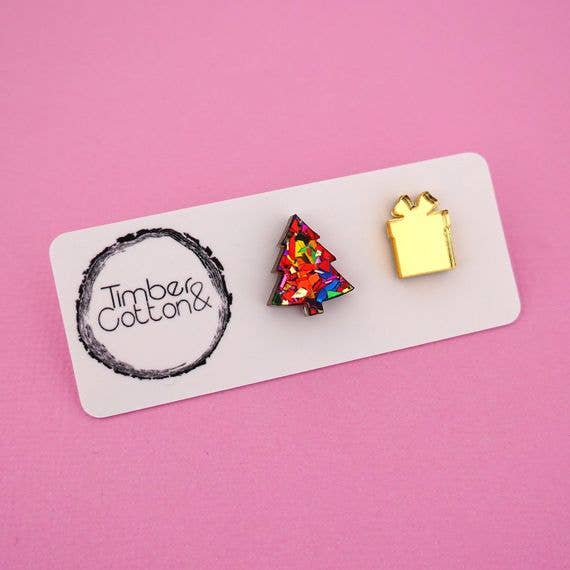 Girlfetti - Wholesale Stud/Post Earrings - Christmas Tree & Present Acrylic Stud Earrings4