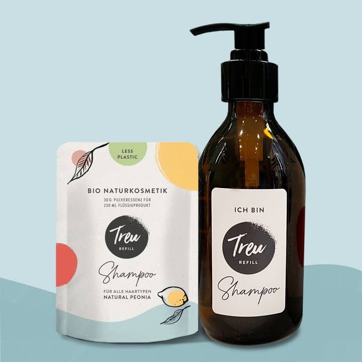 Bio Naturkosmetik Shampoo in Pulverform Refill-Glasflasche für den Großhandel von Treu-Refill