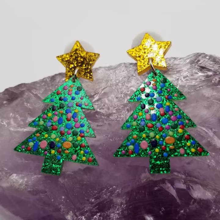 magnolia jewelry - Wholesale Dangle Earrings - Glitter Acrylic Christmas Tree Earrings