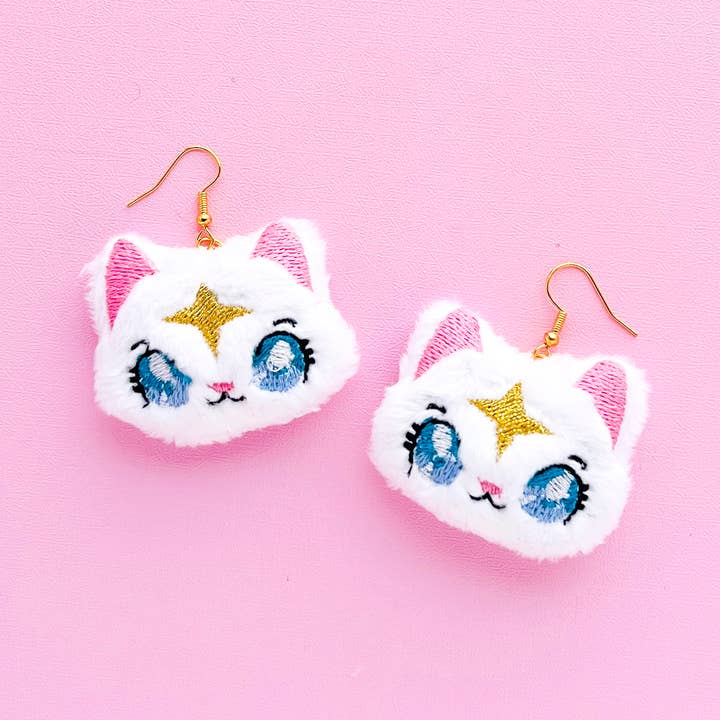 White Plush Anime Style Kawaii Celestial Cat Earring Set for wholesale by Kawaii Hair Candy